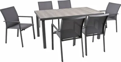 A dining set with a table and chairs on a white background.