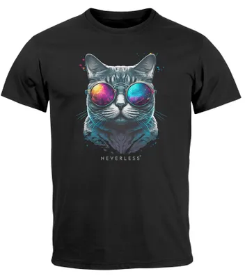 Produktbild von Herren T-Shirt Aufdruck Katze Cat Sommer Sonnenbrille Style Fashion Print Fashion Streetstyle Neverless® schwarz L
