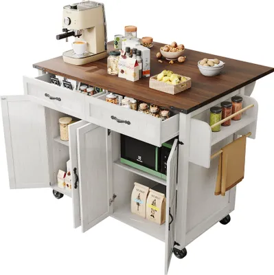 Image de Parrot Uncle Ilot de cuisine avec plan de travail extensible, chariot de service avec 4 portes & 2 tiroirs, chariot de cuisine