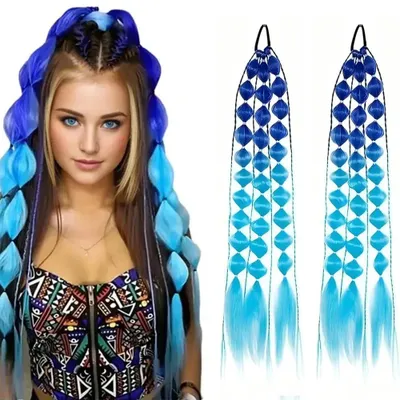 Produktbild von Pferdeschwanz Haarteil 60 cm - 2 Stück Kunsthaar Haarverlängerung - Geflochtener Zopf mit Haargummi - Clip Haarteil für Damen Mädchen - Blau Ombré