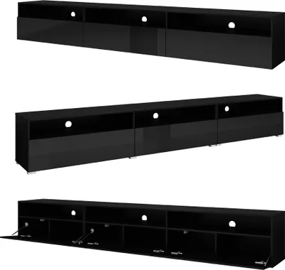 Produktbild von Lowboard hängend und stehend montierbar 270 cm breit ARVADA-83 in schwarz Hochglanz mit schwarz matt, B/H/T: ca. 270/40/41 cm