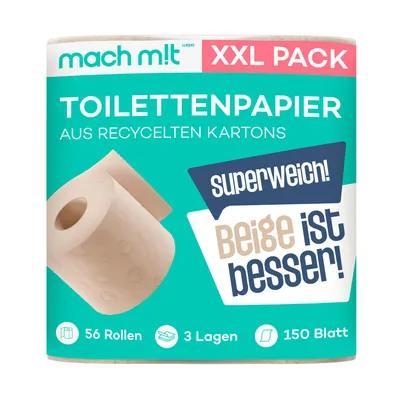 Produktbild von mach m!t PURE Toilettenpapier - Vorrats-Spar-Packung mit 56 Rollen - extra weich mit 3 Lagen - frei von Bleichmittel - aus recyceltem Karton
