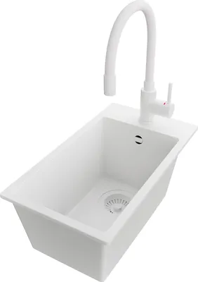 Produktbild von PRIMAGRAN Granitspüle Alles Weiß 28x50cm, Spülbecken 1 Becken + Küchenarmatur 38x14cm + Ablauf-Set, Küchenspüle ab 30er Unterschrank - Riga