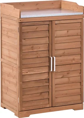 Produktbild von BELIANI Pflanztisch mit Stauraum Braun Tannenholz Lattenoptik 67x45x100 cm Rustikal Garten Arbeitstisch Pflanzstation Umtopftisch Gärtnertisch