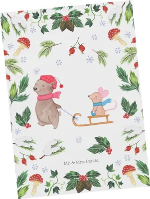 Produktbild von Mr. & Mrs. Panda Postkarte Bär und Maus Schlitten - Weiß - Geschenk, Weihnachten, Ansichtskarten, Grußkarte, Ansichtskarte, Postkarten, Fotokarte