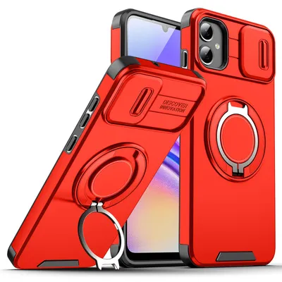Obrázek produktu pro Dvouvrstvé pouzdro pro Samsung Galaxy A05, s posuvným krytem fotoaparátu a magnetickým kroužkovým stojánkem Červený