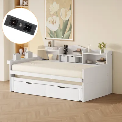 Obrázek produktu pro Rozkládací pohovka Abrihome 90x200 cm s vysouvacím lůžkem, úložným prostorem v čele a zásuvkami, samostatná dřevěná postel s USB zásuvkou, bílá (bez matrace)