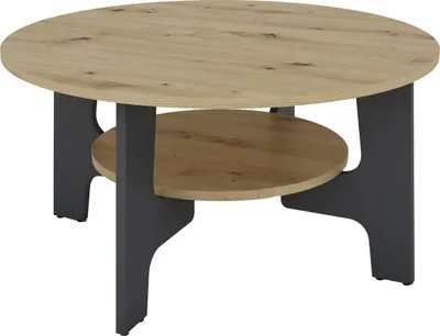 A round coffee table with a wooden top and a lower shelf, supported by dark gray legs.