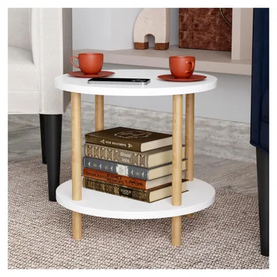 Produktbild von Runder Beistelltisch VES mit unterer Ablage 49 x Ø 42 cm in Weiß mit Holzoptik