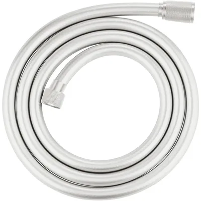 A coiled silver shower hose on a white background.