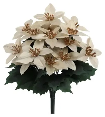 Produktbild von Künstlicher Weihnachtssternstrauß mit grünen Blättern, 4 Zweige, UV-beständig, künstliche Seidenblume, Tischdekoration für drinnen und draußen