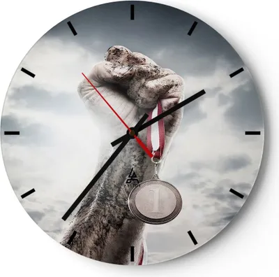 Produktbild von Wanduhr - Rund - Glasuhr - Sport Medaille Sieg Trophäe - 40x40cm - Schleichendes Uhrwerk - Lautlos - zum Aufhängen bereit - Dekoration Modern - Wanddekoration aus Glas - C3AR40x40-2782