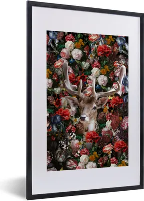Produktbild von MuchoWow® MuchoWow® Gerahmtes Poster Hirsche - Blumen - Geweihe 40x60 cm - Poster mit zchwarzem Bilderrahmen - Poster in Rahmen