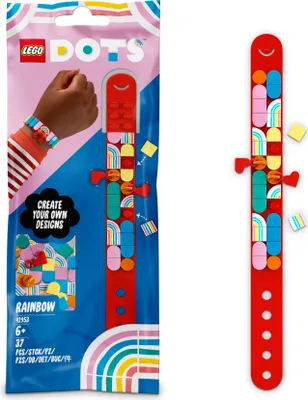 A LEGO DOTS Rainbow bracelet kit packaging and the bracelet itself.