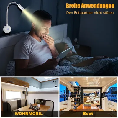 Produktbild von LED Wandleuchte Dimmbar 3 Lichtfarben, Leselampe Flexibel Lampenarm,Wandlampe Touch Schalter USB-Anschluss 12–24V Innenraum RV Wohnmobil Schiff,silber