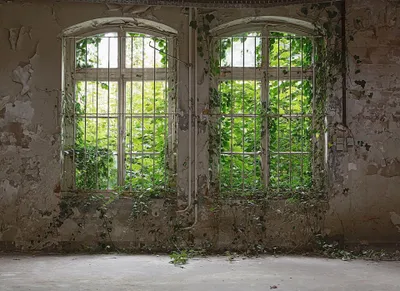 Produktbild von Fototapete mit Fensterblick | Vintage Fototapete mit Fenster auf Garten in Grün | Wohnzimmer und Schlafzimmer Tapete im
