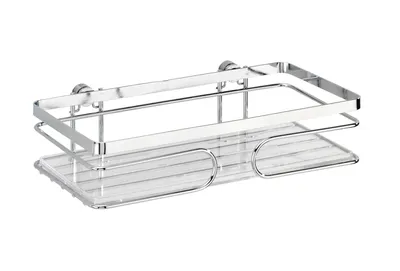 A chrome and clear plastic shower caddy or shelf.