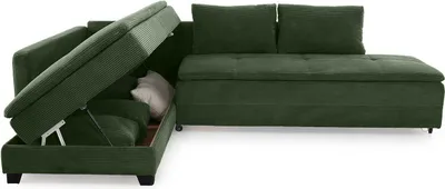 Produktbild von Ecksofa-Dauerschläfer Doppelbett Federkern Bettkasten Regal Couch in Cord Grün / 15164