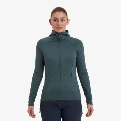 Damen Protium Hoodie von Montane in dunklem Grün; mit Reißverschluss und Kapuze; ideal für Outdoor-Aktivitäten.