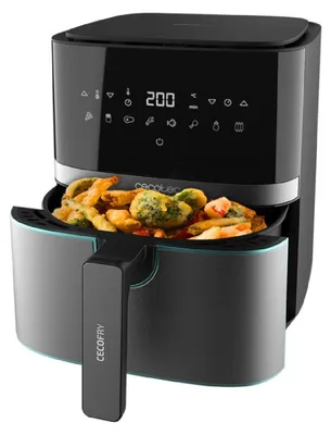A black air fryer with a basket full of fried food is shown against a white background.