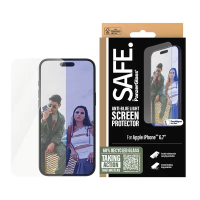 Obrázok produktu pre PanzerGlass SAFE. by ® Anti-Blue Light Screen Protector iPhone 16 Plus | 15 Plus | Ultra-Wide Fit, Apple, Apple - iPhone 16 Plus, Apple - iPhone 15 Plus, Suché aplikovanie, Odolné proti poškriabaniu, Odolný proti nárazom, Priehľadná, 1 kusov