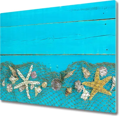 Produktbild von Glas Herdabdeckplatte 60x52 cm Spritzschutz Glasabdeckplatte Schneidebrett Seestern Muscheln