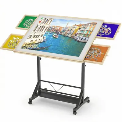 Produktbild von PiecePro Verstellbares Puzzlebrett mit 4 Schubladen – für 1500 Teile – Mobile Puzzletisch mit Aufbewahrungssystem – 89 × 69 cm – Puzzlematte mit Rolle