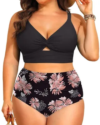 Obrázok produktu pre Dámska plavka s vysokým pásom - dvojdielna plavka - bikiny s push-up efektom - tvarujúca brucho - nastaviteľné ramienka - volániky