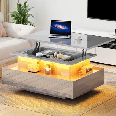 Produktbild von Balconera Hochglanz-Couchtisch Höhenverstellbar, Beistelltisch mit LED-Beleuchtung und 2 Schubladen, Sofatisch mit Stauraum,Belastbar bis 30 kg, Grau