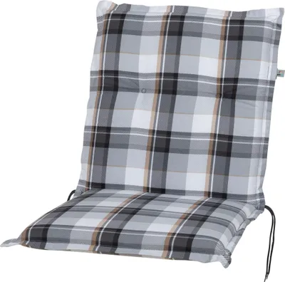 A chair cushion with a plaid pattern.