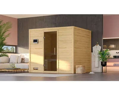 Produktbild von Massivholzsauna Karibu Monara ohne Ofen und Dachkranz mit graphitfarbiger Ganzglastüre