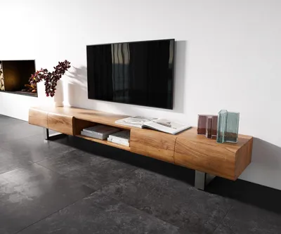 Produktbild von DELIFE Lowboard New Live-Edge 240 cm Akazie Natur 4 Türen 1 Fach Kufe Edelstahl gebürstet
