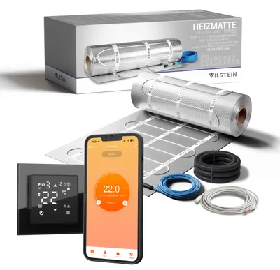 Produktbild von VILSTEIN Aluminium-Fußbodenheizung 150W/m² – Elektrische Heizmatte für Laminat, Parkett & Vinyl, selbstklebend, zuschneidbar, WiFi Touchscreen-Thermostat, Komplettset 8m²