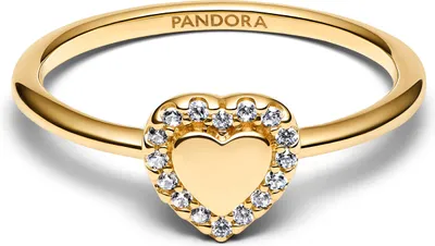 A close-up studio shot of a gold Pandora ring with a heart-shaped halo design.
