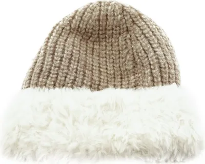 Produktbild von Strickmütze mit weißem Plüsch Wintermütze OneSize für Uni mit Innenfutter Taupe