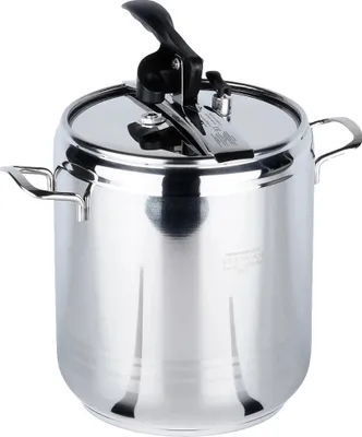 Produktbild von Druckkochtopf, 9 Liter Fassungsvermögen, Edelstahlmaterial, 25 x 31,5 x 22 cm Abmessungen, 22 cm Durchmesser, LFGB-