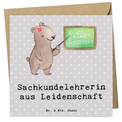Produktbild von Mr. & Mrs. Panda Glückwunschkarte Sachkundelehrerin Leidenschaft - Grau Pastell - Geschenk, Klappkarte, Grundschule, anlasskarte, Witzig, doppelkarte, Lustig, faltkarte