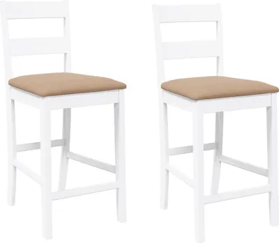 Two white bar stools with brown seats are shown against a white background.