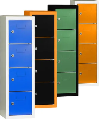 Produktbild von Schließfachsäule - 778 x 225 x 200 mm (HxBxT) - 4 Fächer - Türen mit Etikettenrahmen - feuerrot/himmelblau