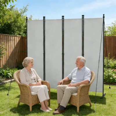 Produktbild von FIVMEN Paravent Outdoor wetterfest mit Heringen und Abspannleinen,Klappbar Freistehend Trennwand ohne Bohren,mobiler sichtschutz für Garten Balkon terrasse,4 Teilig 200 x 180 cm Hellgrau