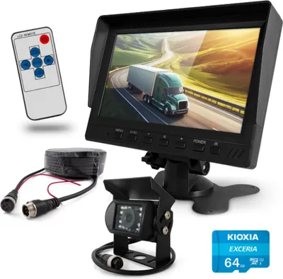 Zdjęcie produktu dla Zestaw cofania monitor 7" rejestrator kamera FHD 1080p kabel 15m karta 64GB