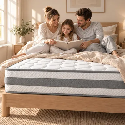 Produktbild von 7-Zonen-Taschenfederkernmatratze H4, 140 x 200 cm, 25 cm hoch, mit 2 Komfortschaumschichten und atmungsaktivem Bezug, bis 150 kg pro Schlafseite, KI-generiertes Bild