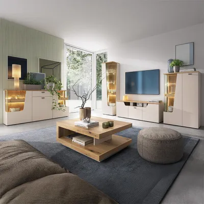 Produktbild von Wohnzimmer-Set in Beige & Eiche mit Sideboard & Couchtisch, 5-teilig - CARMONA-129