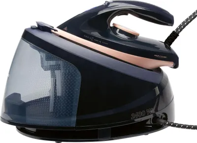 A dark blue and rose gold steam ironing station is shown against a white background.