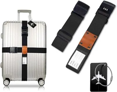 Produktbild von Famanu Kofferriemen Set - Verstellbare Gepäckriemen mit Adresslabel und Kofferanhänger - 2 Stück - Schwarz