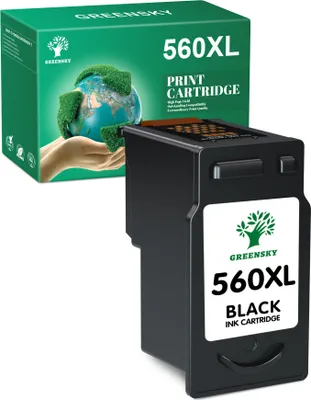A product shot of a black ink cartridge and its green packaging.