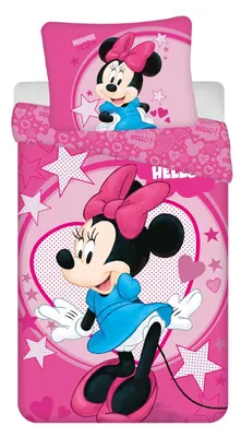 Image de Disney Enfants Parure de lit réversible Minnie Mouse Why Hello avec robe bleue et nœud rose étoiles couette 140 x 200 cm + oreiller 70 x 90 cm 100% Polyester