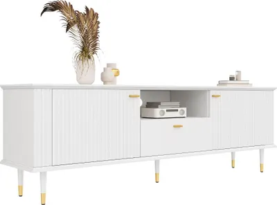 Image de AIORBER Armoire TV avec compartiments ouverts et tiroirs, surface structurée laquée, charnières Soft-Close, 170x36x54,5 cm, blanc