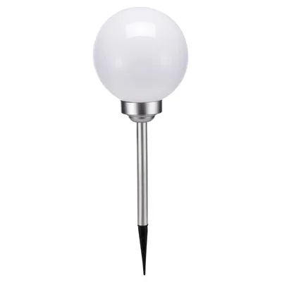 A single solar garden light with a spherical white top and a silver pole with a pointed end.