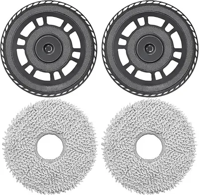 Two black circular brush heads with gray mop pads underneath, arranged in a two-by-two grid on a white background.